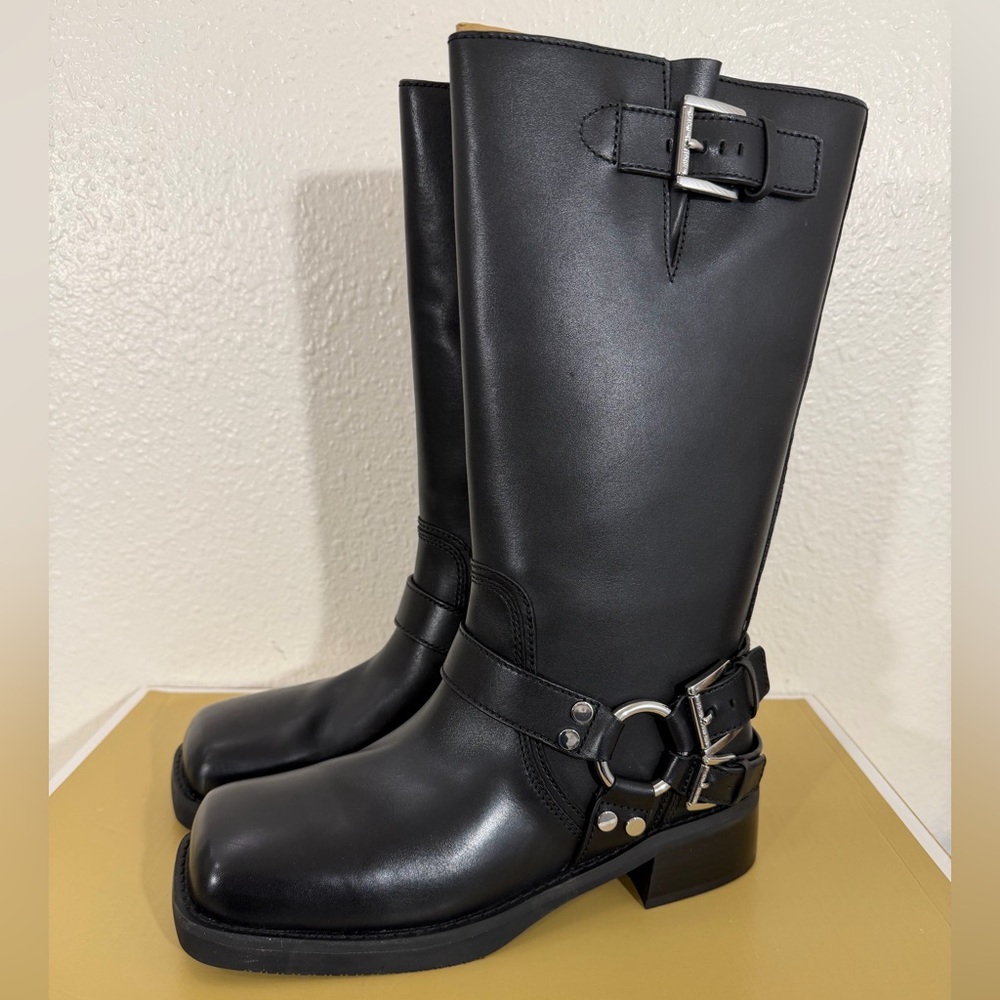 Michael Kors Crosby Black Leather Moto Boots Harness Buckle, Square Toe NIB - Picture 9 of 16